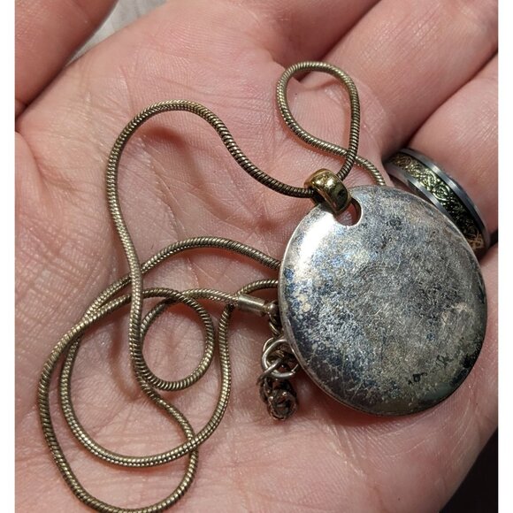 Modern Medallion Silver Tone Pendant Necklace With AK Engraved Gold Tone Bail - Picture 4 of 8